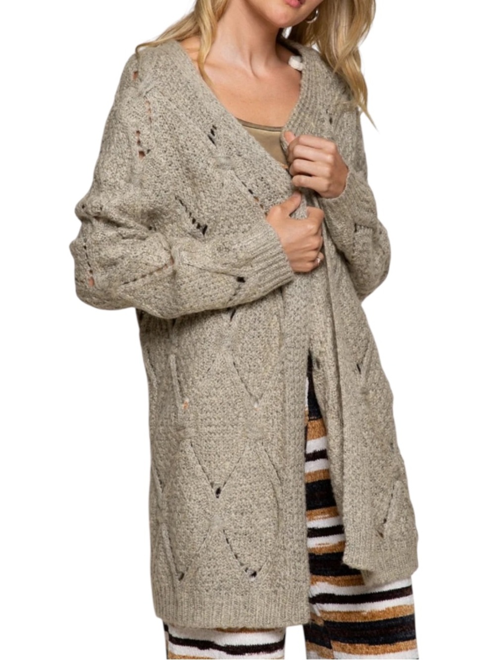 POL Women’s Medium Taupe Diamond Eyelet Open Knit Long Cardigan Sweater Boho